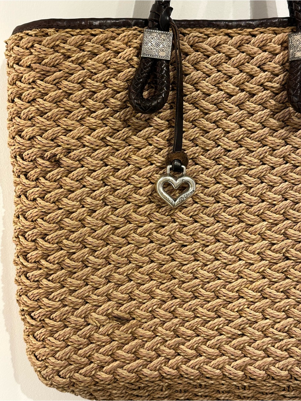 Brighton Braided Straw Tote with Dark Brown Handles and Heart Charm - Picture 4 of 10